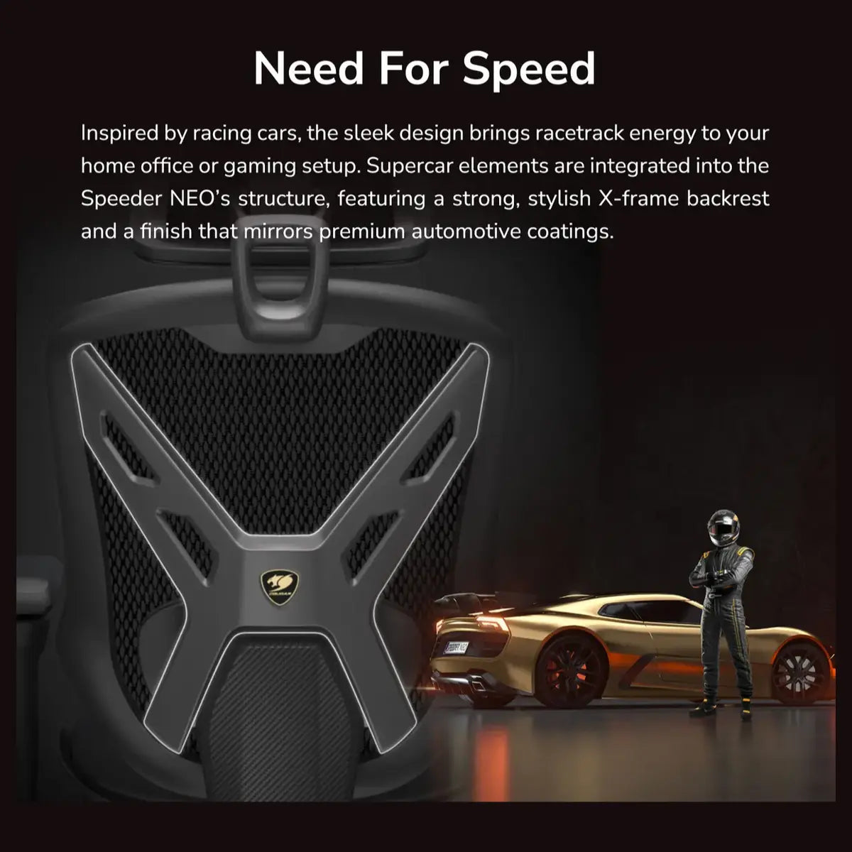 Cougar Speeder Neo Ergonomic Gaming Chair, Chenille Yarn Mesh Fabric, Multi-Layer Cushioning, 3D Hyperrotation Armrest, Retractable Footrest, Black