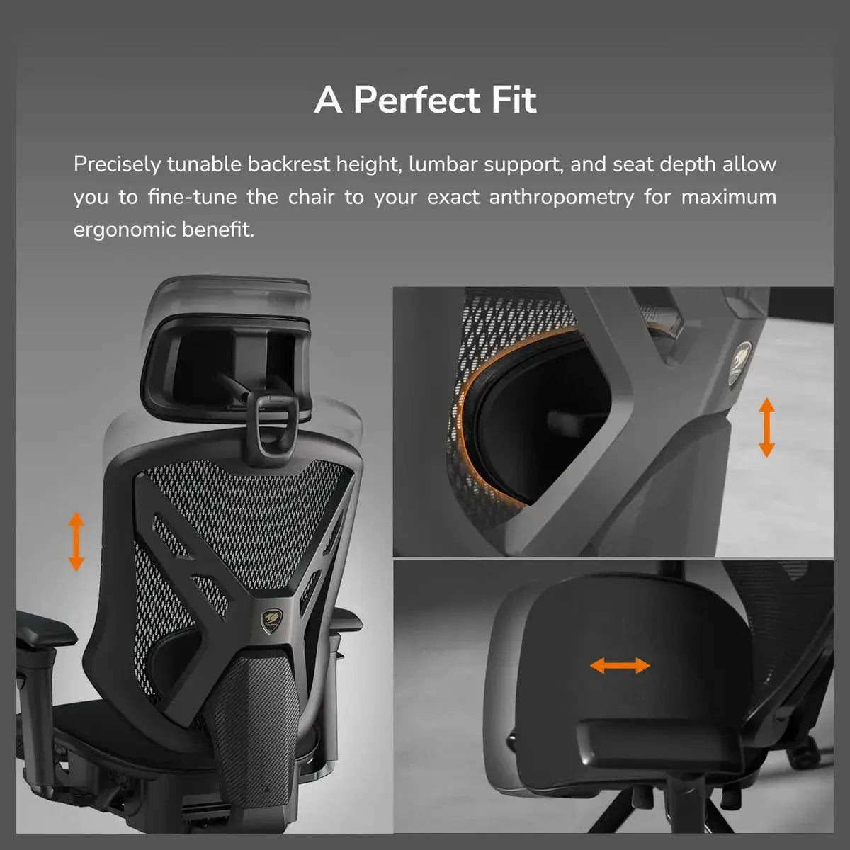 Cougar Speeder Neo Ergonomic Gaming Chair, Chenille Yarn Mesh Fabric, Multi-Layer Cushioning, 3D Hyperrotation Armrest, Retractable Footrest, Black