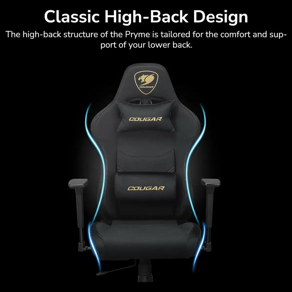 Cougar PRYME Gaming Chair, Linen Fabric Upholstery, Tunable Seat Depth, High-Back Support, 3D Armrest, Lumbar and Head Pillow, Gold F