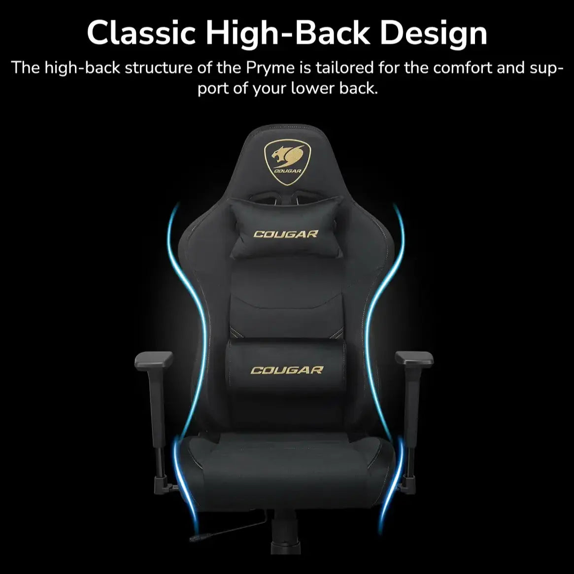 Cougar PRYME Gaming Chair, Linen Fabric Upholstery, Tunable Seat Depth, High-Back Support, 3D Armrest, Lumbar and Head Pillow, Gold F