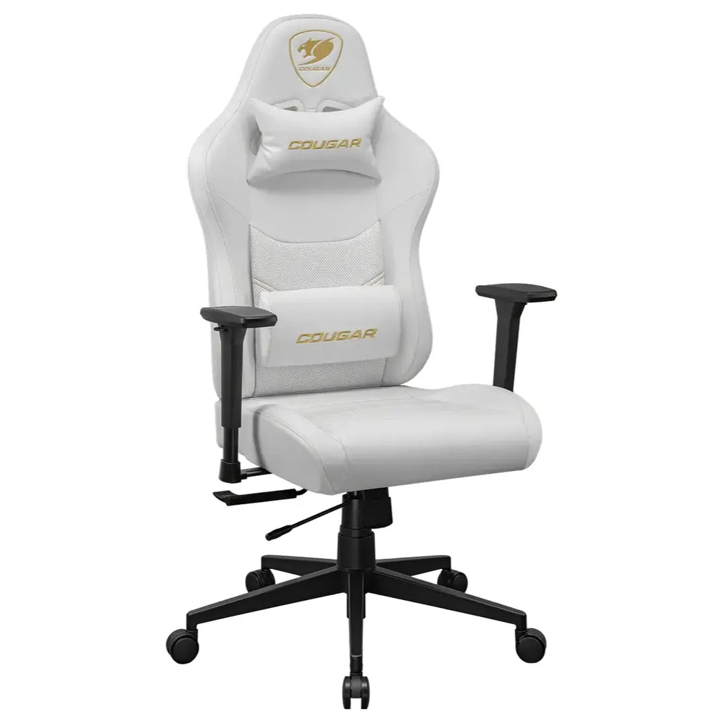 Cougar PRYME Gaming Chair, PVC Leather, High-Back Structure, Tunable Seat Depth, 3D Armrest, Lumbar and Head Pillow, White