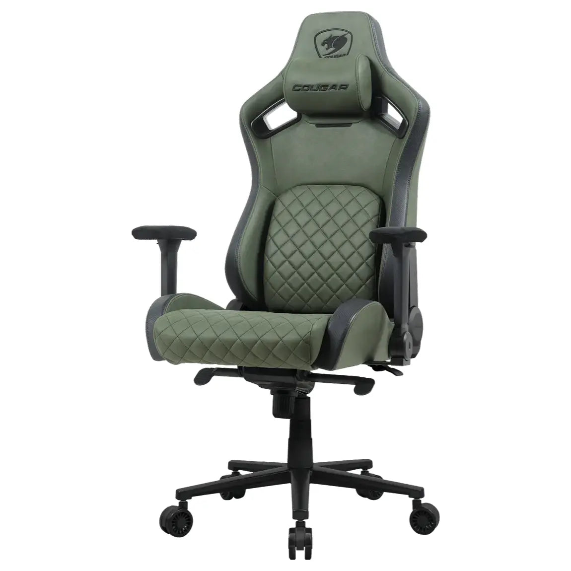 Cougar DEFENSOR S Gaming Chair, PushBack Advanced Lumbar Support, 4D Folding Armrest, High-Density Molding Foam, Magnetic Memory Foam Neck Pillow, Leather-Like Fabric Surface, Army Green F