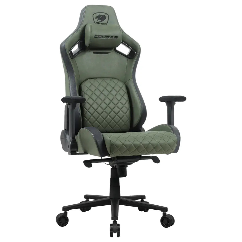 Cougar DEFENSOR S Gaming Chair, PushBack Advanced Lumbar Support, 4D Folding Armrest, High-Density Molding Foam, Magnetic Memory Foam Neck Pillow, Leather-Like Fabric Surface, Army Green F