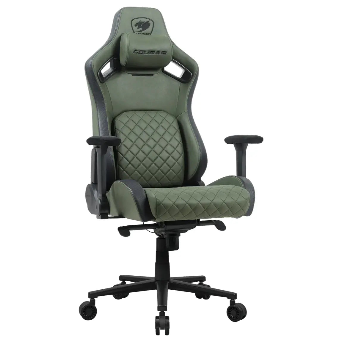 Cougar DEFENSOR S Gaming Chair, PushBack Advanced Lumbar Support, 4D Folding Armrest, High-Density Molding Foam, Magnetic Memory Foam Neck Pillow, Leather-Like Fabric Surface, Army Green F