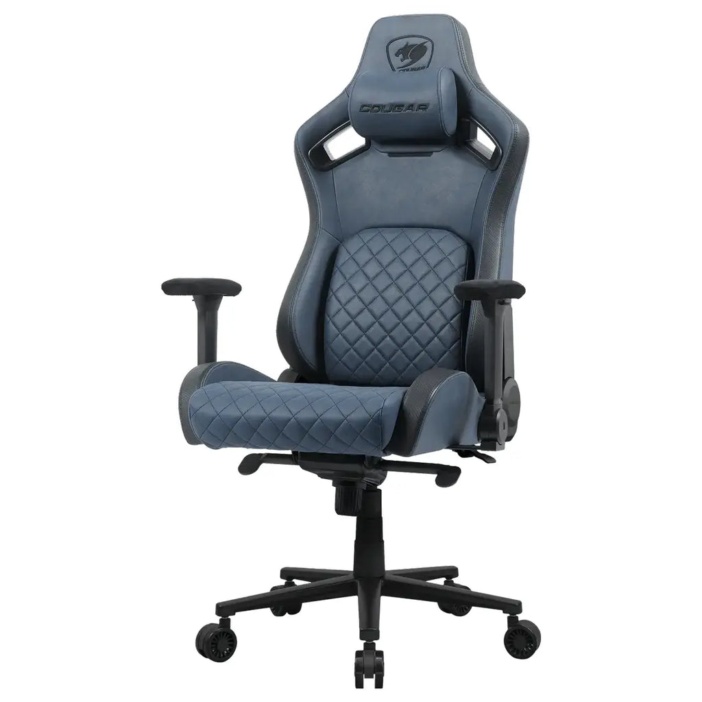 Cougar DEFENSOR S Gaming Chair, PushBack Advanced Lumbar Support, 4D Folding Armrest, High-Density Molding Foam, Magnetic Memory Foam Neck Pillow, Leather-Like Fabric Surface, Navy Blue, F