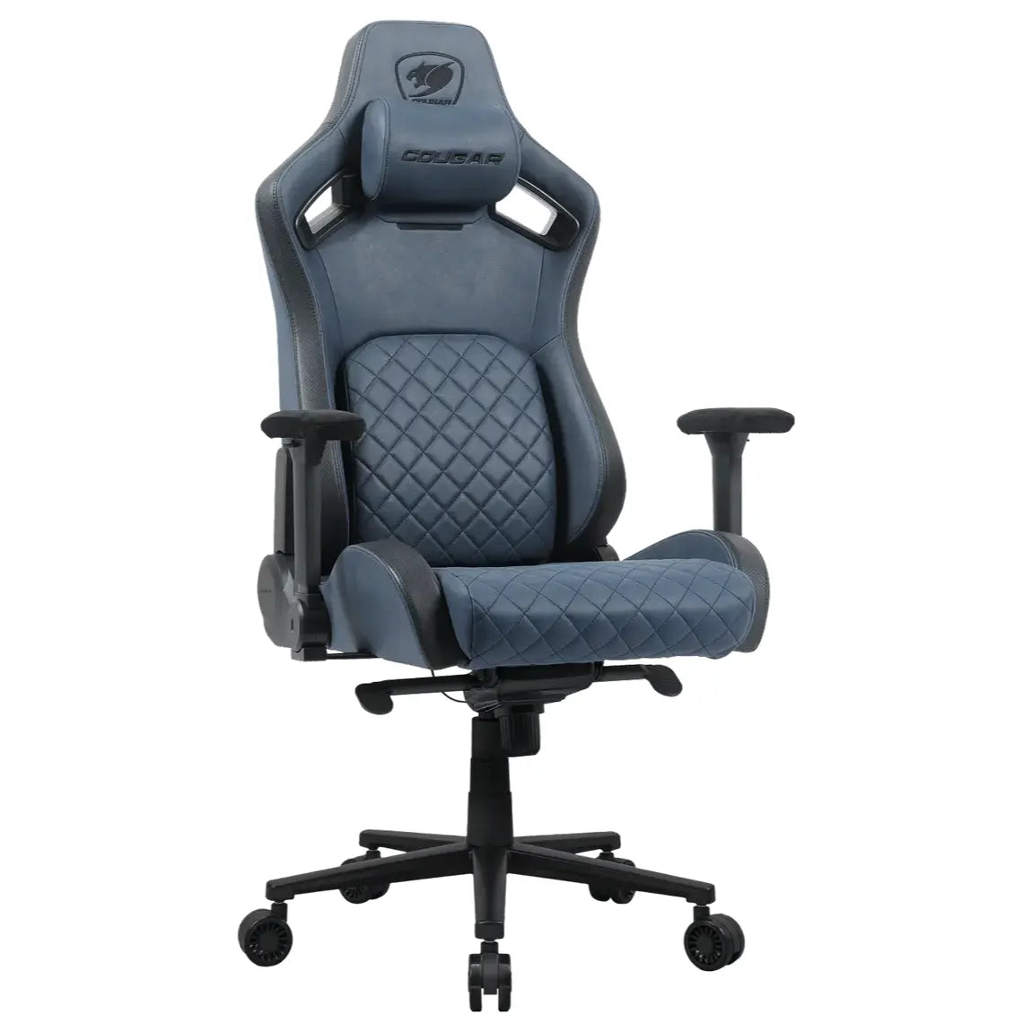 Cougar DEFENSOR S Gaming Chair, PushBack Advanced Lumbar Support, 4D Folding Armrest, High-Density Molding Foam, Magnetic Memory Foam Neck Pillow, Leather-Like Fabric Surface, Navy Blue, F