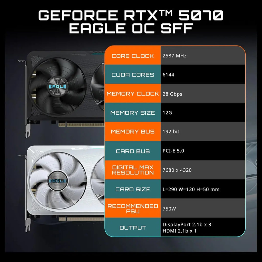 GIGABYTE GeForce RTX 5070 Eagle OC ICE SFF 12G Graphics Card, 12GB 192-Bit GDDR7, PCIe 5.0, WINDFORCE Cooling System, SFF Ready, GV-N5070EAGLEOC ICE-12GD, White