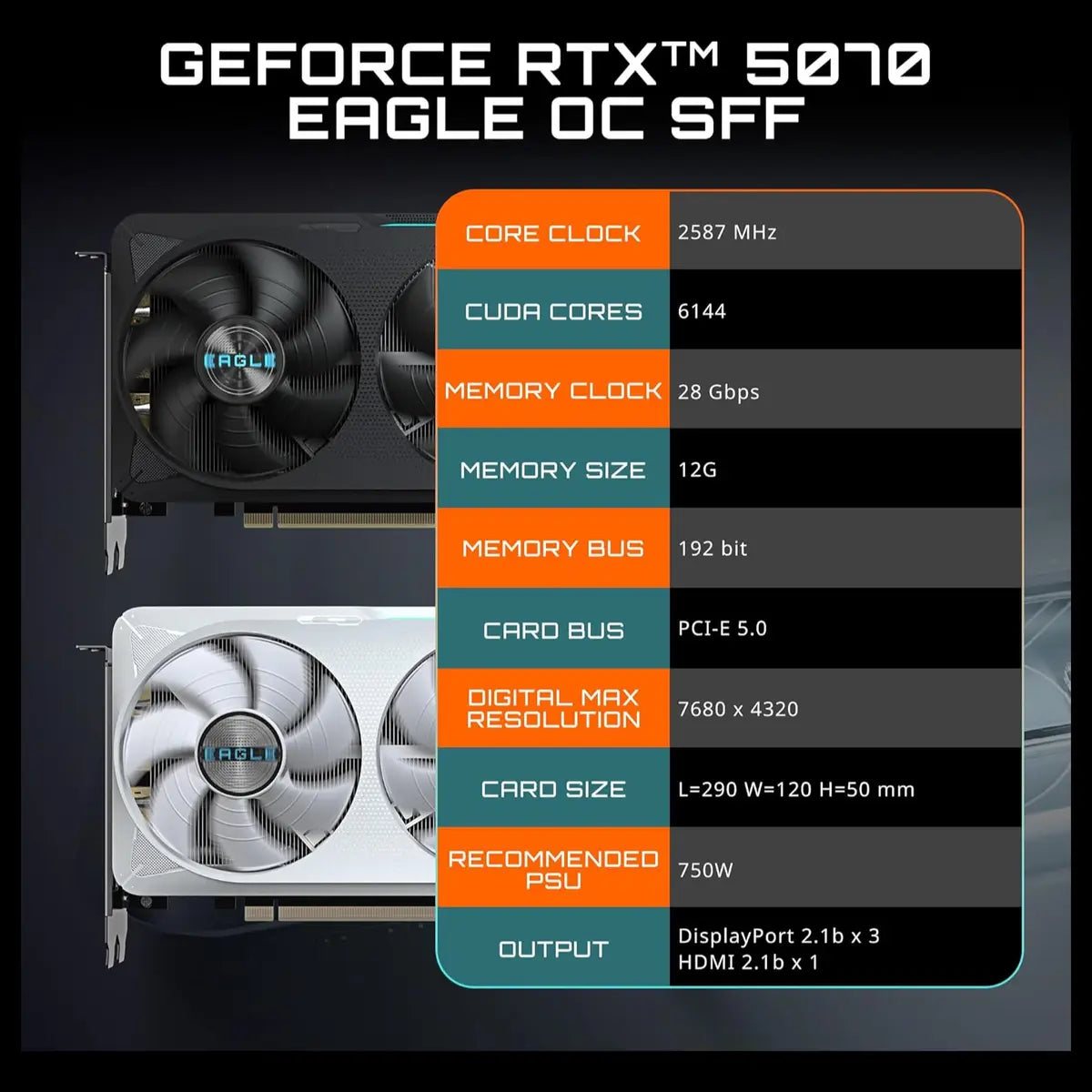 GIGABYTE GeForce RTX 5070 Eagle OC ICE SFF 12G Graphics Card, 12GB 192-Bit GDDR7, PCIe 5.0, WINDFORCE Cooling System, SFF Ready, GV-N5070EAGLEOC ICE-12GD, White