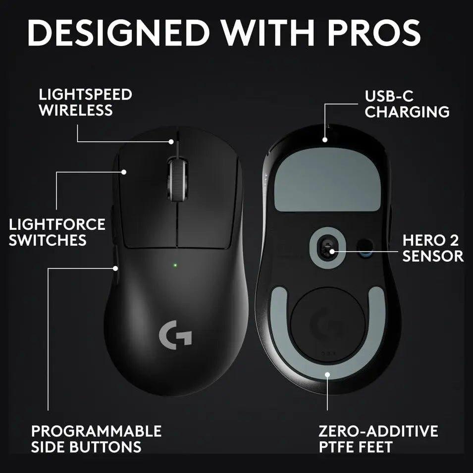 Logitech G PRO X Superlight 2 DEX Lightspeed Wireless Gaming Mouse, 60g Pro-Grade Lightweight Mouse, HERO 2 Sensor Up To 44K DPI, 5 Programmable Buttons, USB-C Charging, Black, 910-007359
