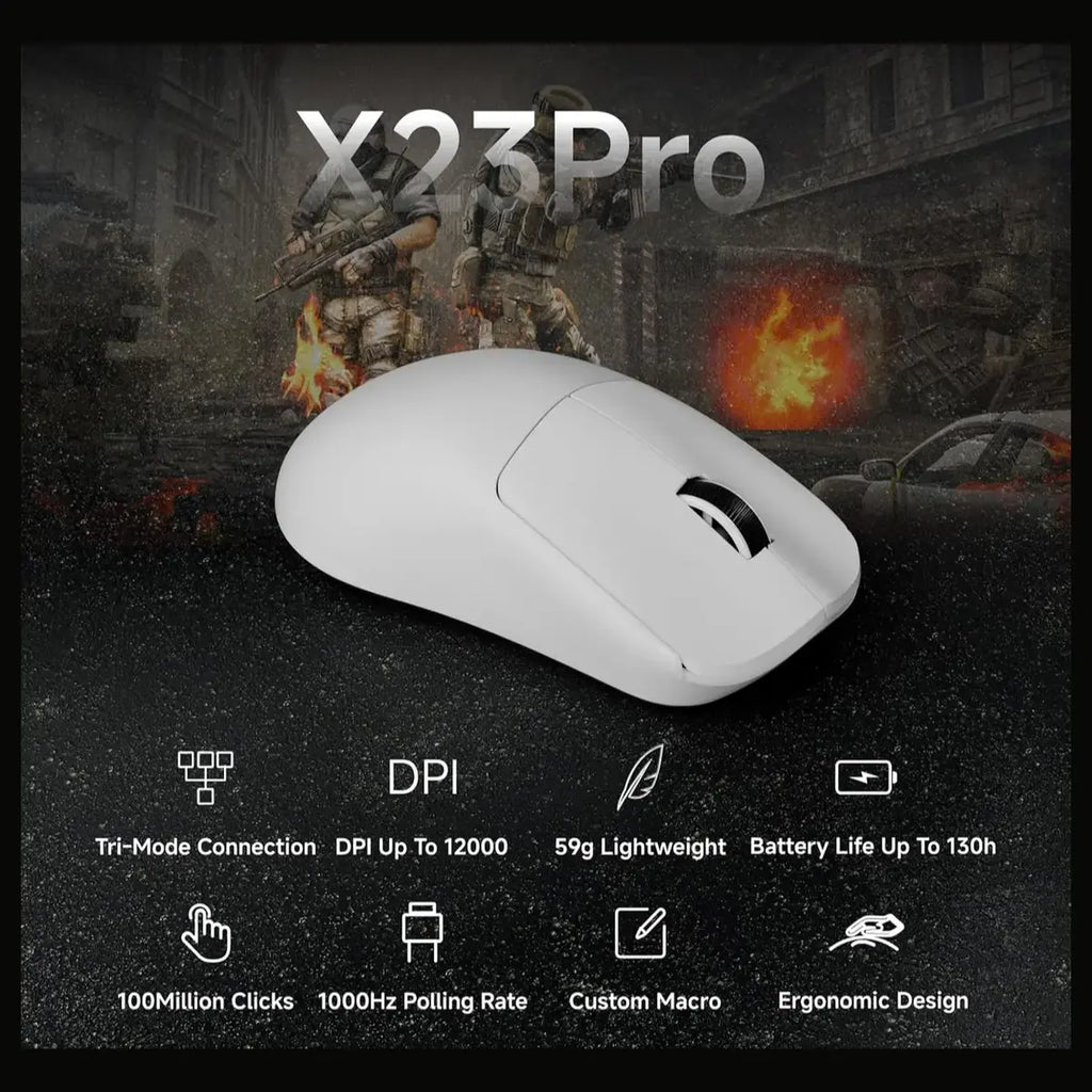 EWEADN X23 Pro Wireless Gaming Mouse, Tri-Mode 2.4G and BT5.0 and USB-C, PAW3395 26000 DPI, 6 Programmable Buttons, 800mAh Rechargeable, 59g Lightweight, White