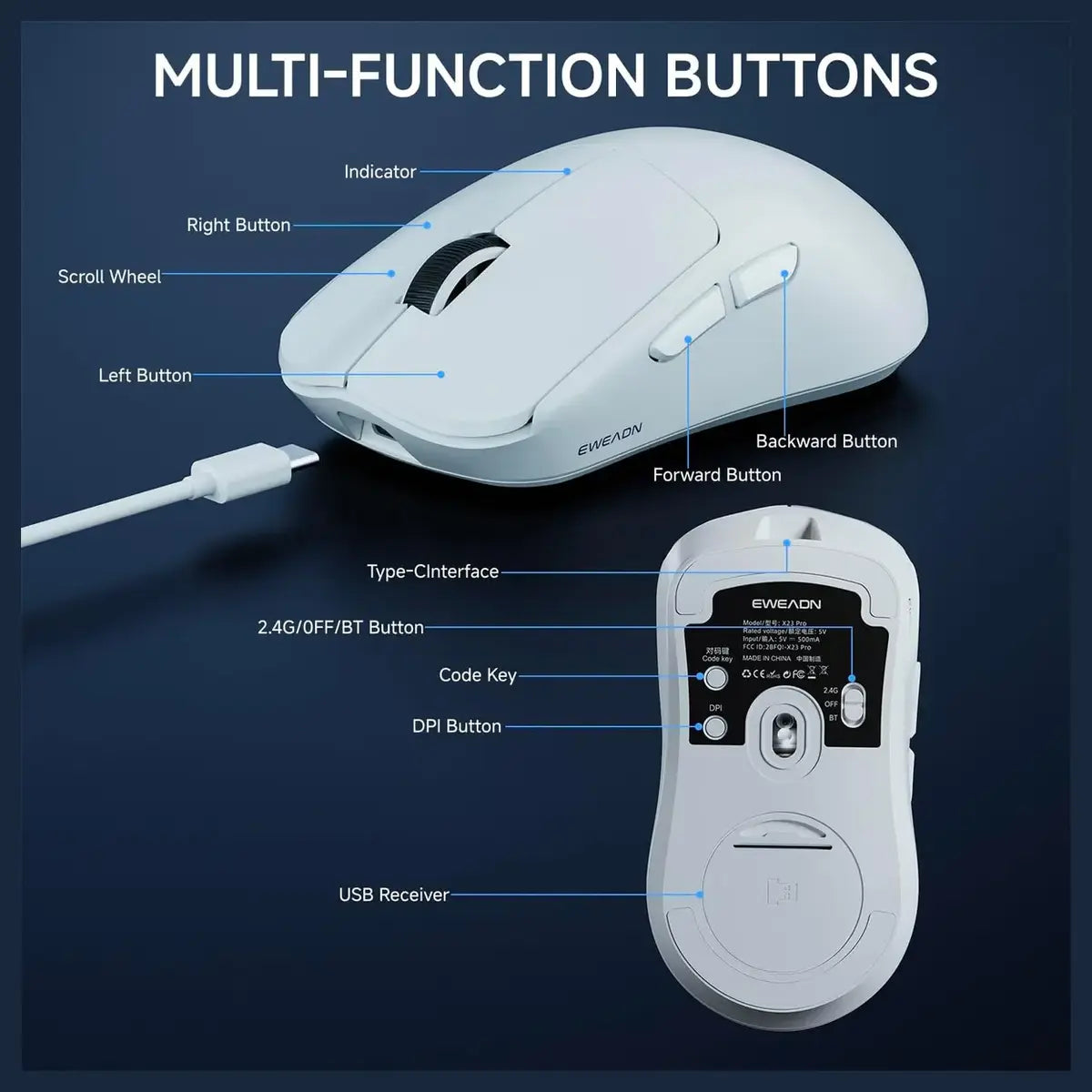 EWEADN X23 Pro Wireless Gaming Mouse, Tri-Mode 2.4G and BT5.0 and USB-C, PAW3395 26000 DPI, 6 Programmable Buttons, 800mAh Rechargeable, 59g Lightweight, White