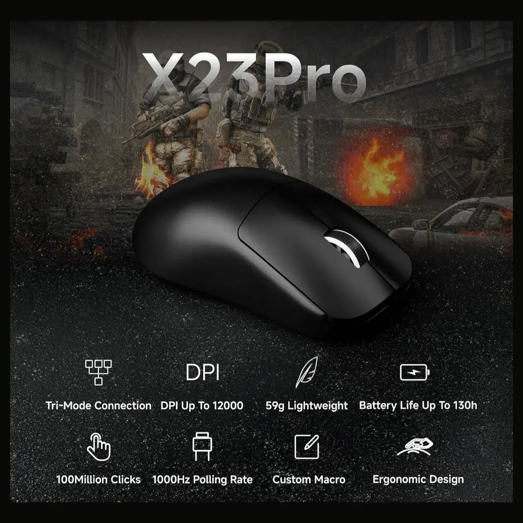EWEADN X23 Pro Wireless Gaming Mouse, Tri-Mode 2.4G and BT5.0 and USB-C, 12000 DPI, 6 Programmable Buttons, 800mAh Rechargeable, 59g Lightweight, Black