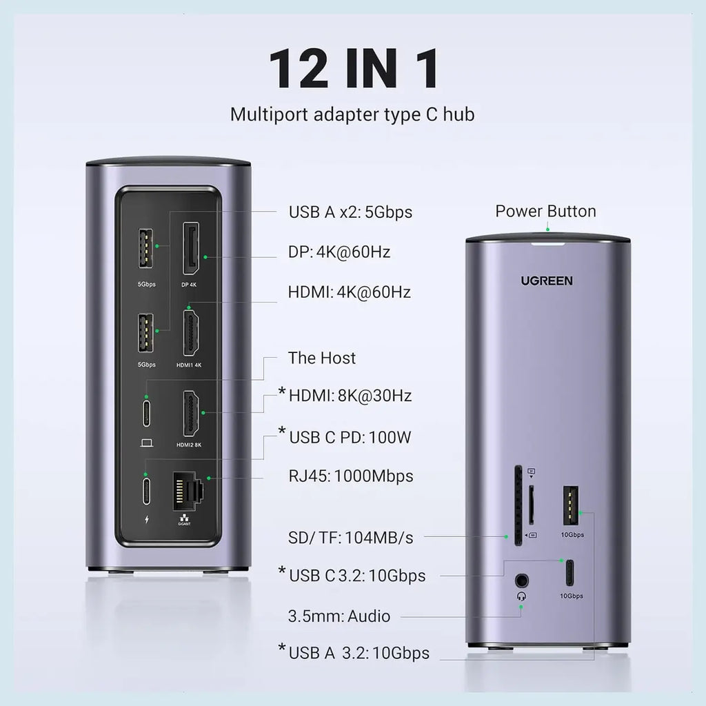 UGREEN 90325 USB C Triple Display Docking Station, 12-in-1, DisplayLink 3 Monitor Support, HDMI 8K@30Hz, Dual 4K@60Hz HDMI and DP, 10Gbps USB 3.2 Gen 2, 100W PD 3.0