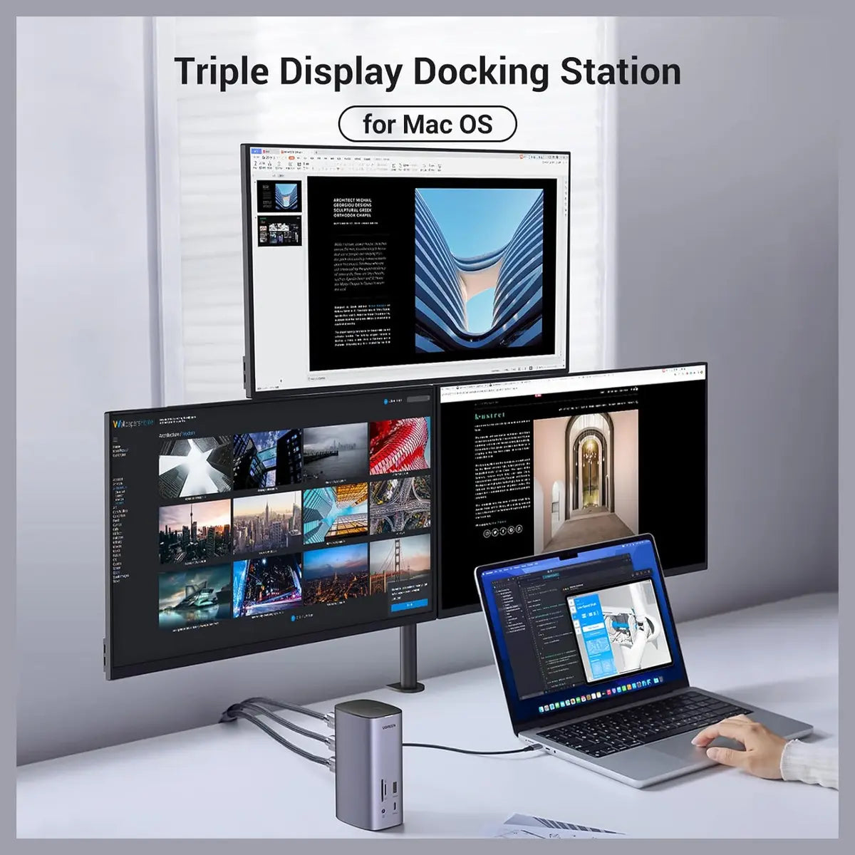 UGREEN 90325 USB C Triple Display Docking Station, 12-in-1, DisplayLink 3 Monitor Support, HDMI 8K@30Hz, Dual 4K@60Hz HDMI and DP, 10Gbps USB 3.2 Gen 2, 100W PD 3.0