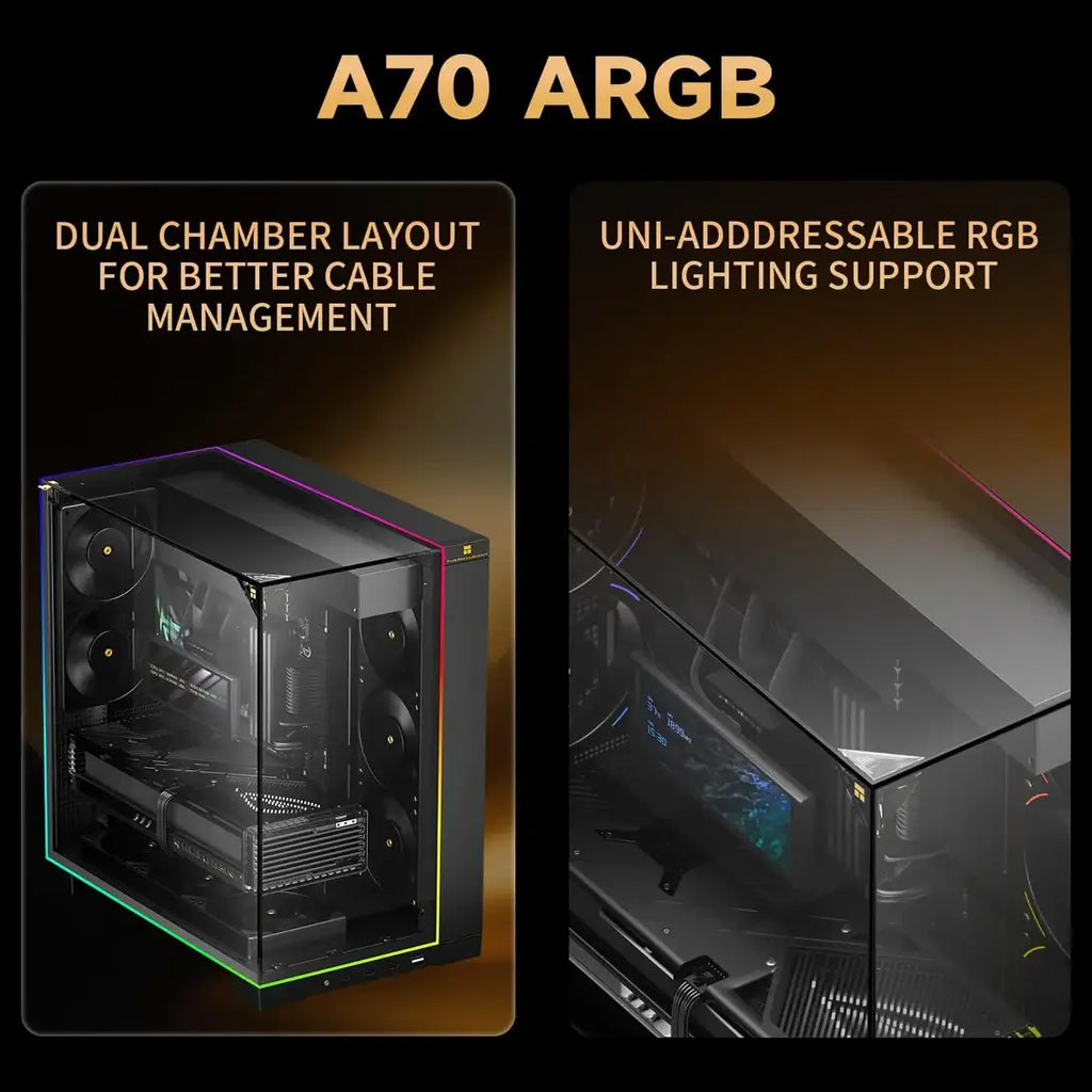 Thermalright A70 ARGB Black ATX Gaming Case, Three-Sided Column-Free Glass, 8 CPU Fan Slots, Four-Way Airflow, Tool-Free Quick Release, Vertical Graphics Card Mounting Anti-Fall, Panoramic Light Strip, 5x ARGB Fans, Black