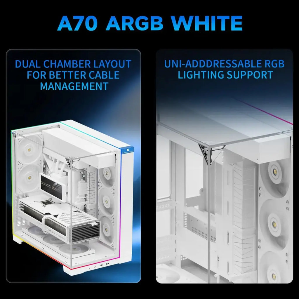 Thermalright A70 ARGB White ATX Gaming Case, Three-Sided Column-Free Glass, 8 CPU Fan Slots, Four-Way Airflow, Tool-Free Quick Release, Vertical Graphics Card Mounting Anti-Fall, Panoramic Light Strip, 5x ARGB Fans