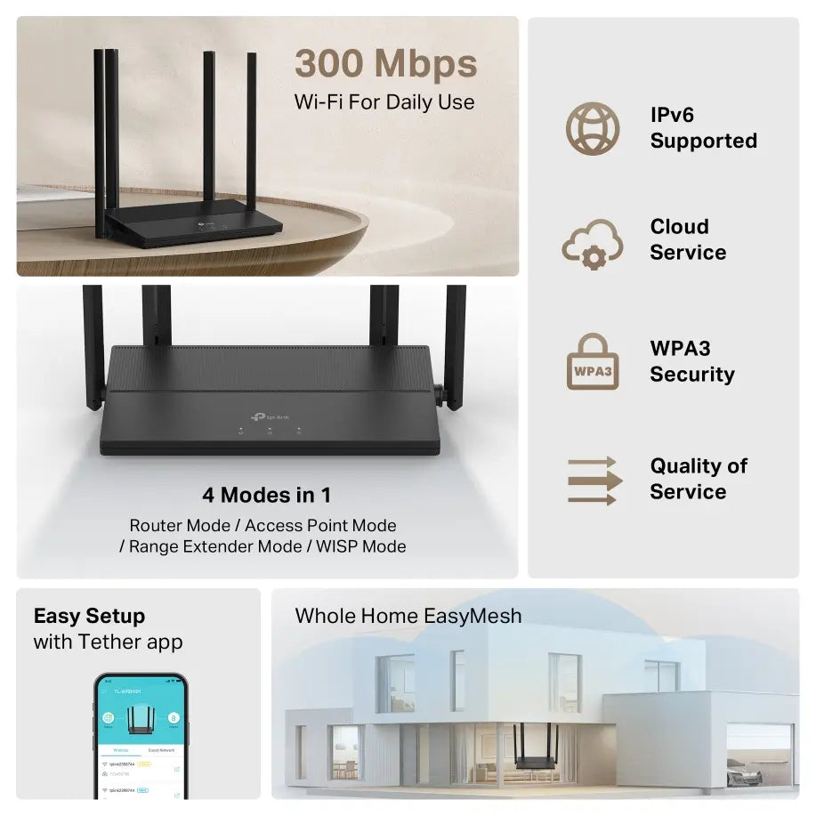 TP-Link TL-WR846N Multi-Mode Wi-Fi Router, 300Mbps Wi-Fi, 4x 5dBi Antennas, 2x2 MIMO, EasyMesh-Compatible