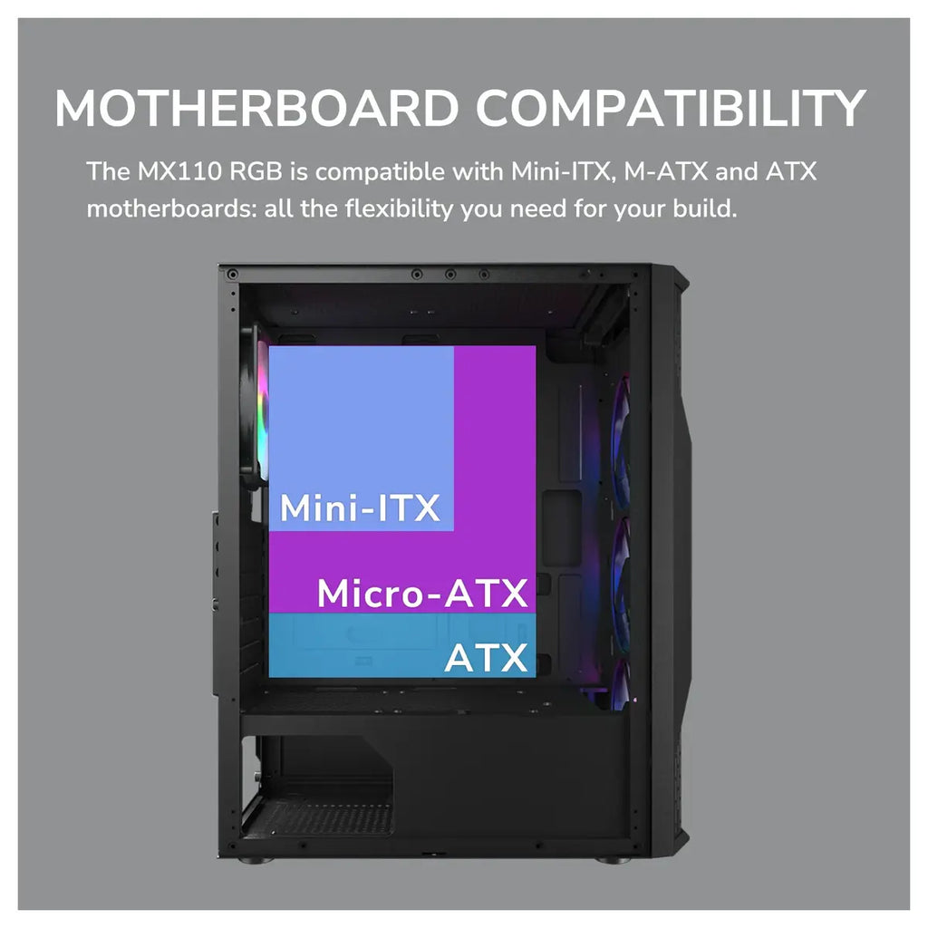 Cougar MX110 RGB Mid Tower ATX Computer Case, 4x120mm Fixed RGB Fans, Up To 240mm AIO Radiator Or 158mm Air Cooler, Up To 305mm GPU, 2x2.5in SSD Plus 2x3.5in HDD