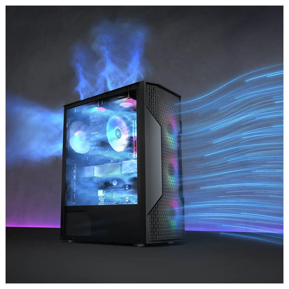 Cougar MX110 RGB Mid Tower ATX Computer Case, 4x120mm Fixed RGB Fans, Up To 240mm AIO Radiator Or 158mm Air Cooler, Up To 305mm GPU, 2x2.5in SSD Plus 2x3.5in HDD