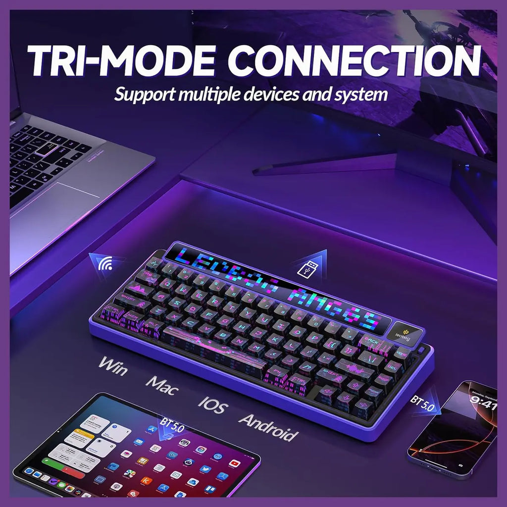 AULA LEOBOG AMG65 Gasket Mechanical Wireless Gaming Keyboard, 65% Hot-Swappable, Tri-Mode Wireless, Linear Jasper Switches, Dot Matrix LED Screen and 1.14 inch Smart Screen, Cyber Star Nights
