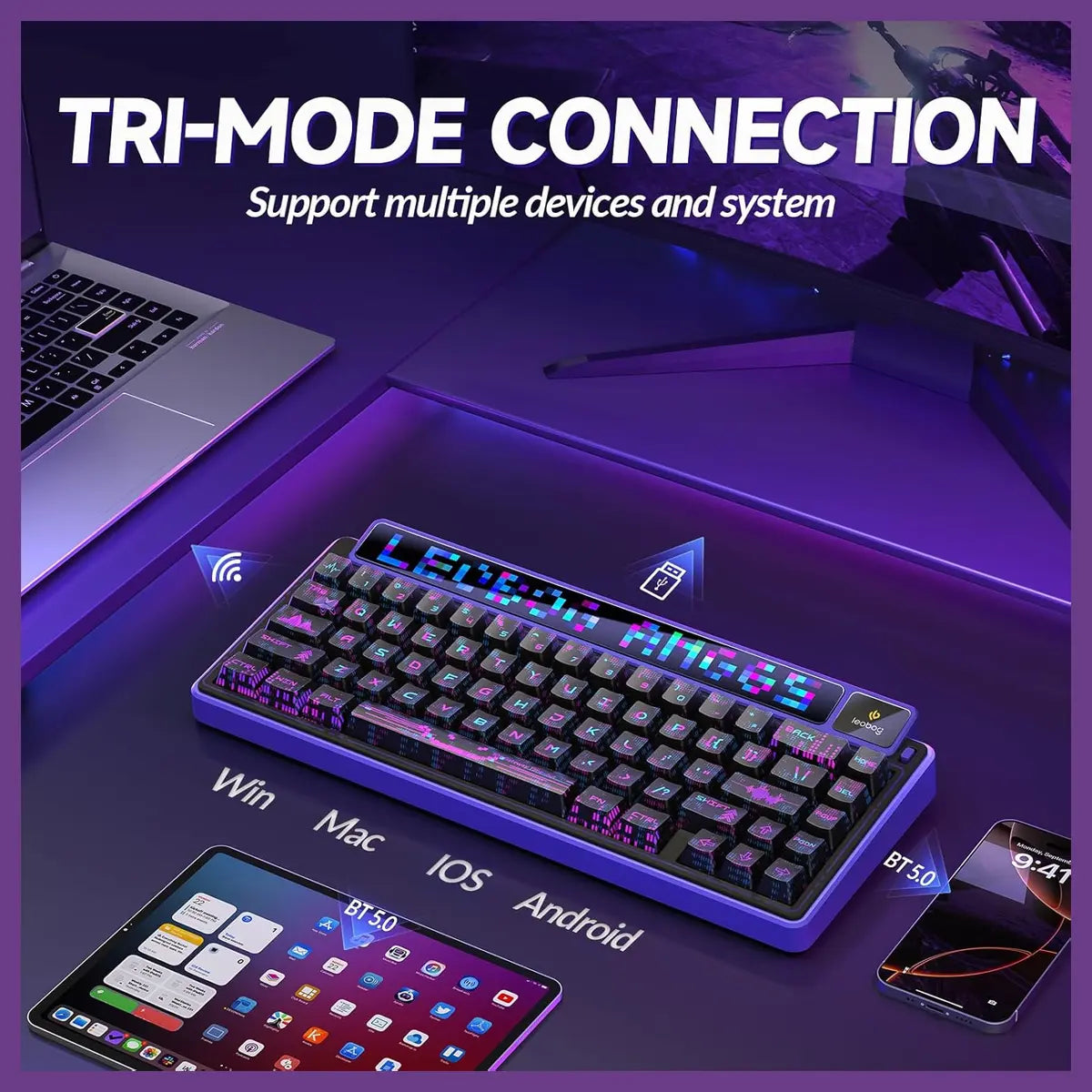 AULA LEOBOG AMG65 Gasket Mechanical Wireless Gaming Keyboard, 65% Hot-Swappable, Tri-Mode Wireless, Linear Jasper Switches, Dot Matrix LED Screen and 1.14 inch Smart Screen, Cyber Star Nights
