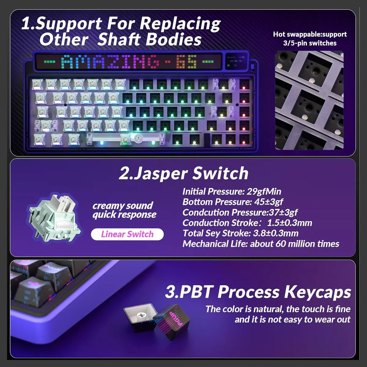 AULA LEOBOG AMG65 Gasket Mechanical Wireless Gaming Keyboard, 65% Hot-Swappable, Tri-Mode Wireless, Linear Jasper Switches, Dot Matrix LED Screen and 1.14 inch Smart Screen, Cyber Star Nights