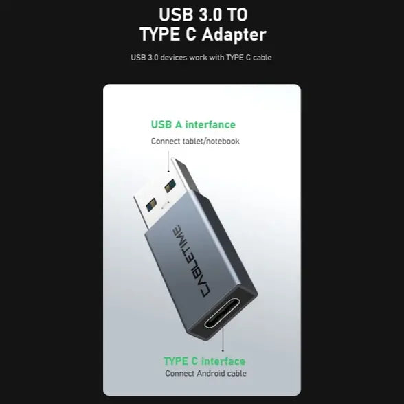 Cabletime USB3.0 A Male to USB Type-C Female OTG Adapter, Up to 5Gbps, 0.1m, Black, CP77G