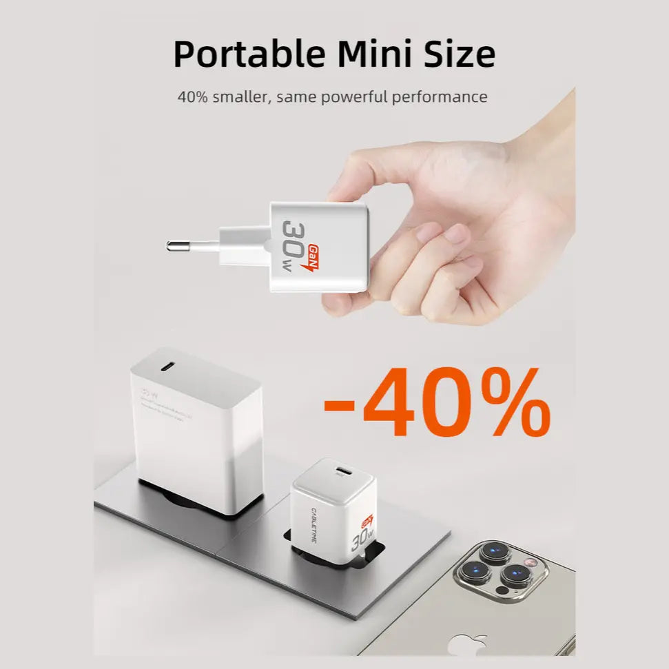 Cabletime 30W USB-C GaN Wall Charger PD 3.0 for iPhone, 30W Max, EU Plug, PC Fireproof Shell, G30AW