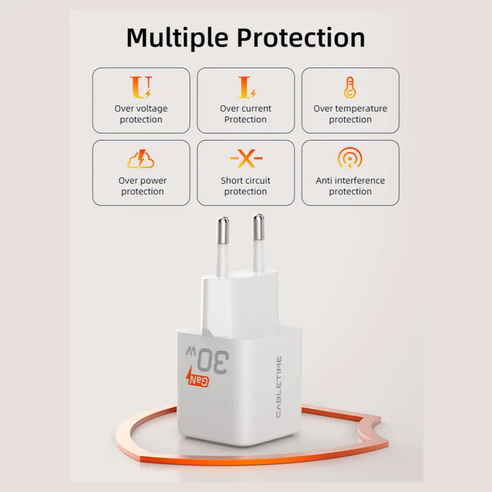Cabletime 30W USB-C GaN Wall Charger PD 3.0 for iPhone, 30W Max, EU Plug, PC Fireproof Shell, G30AW