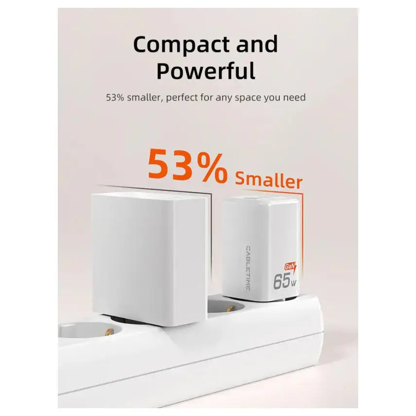 Cabletime GA65W 65W Triple GaN Wall Charger, 2xUSB-C PD and USB-A QC, AC100-240V Universal Input
