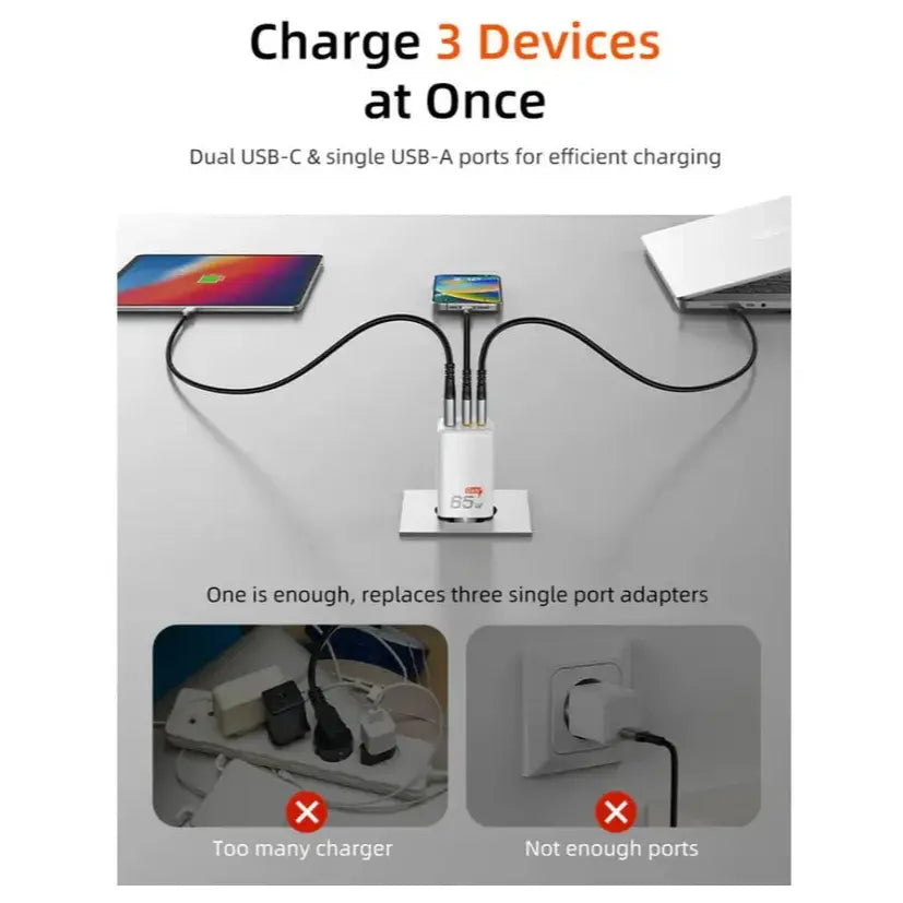 Cabletime GA65W 65W Triple GaN Wall Charger, 2xUSB-C PD and USB-A QC, AC100-240V Universal Input