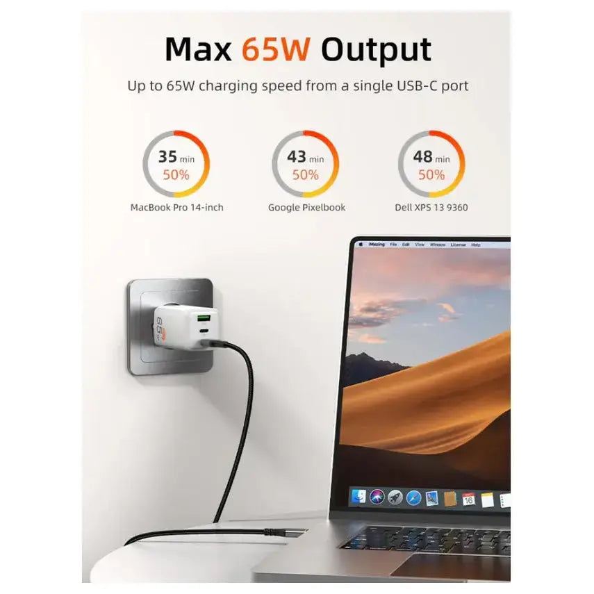 Cabletime GA65W 65W Triple GaN Wall Charger, 2xUSB-C PD and USB-A QC, AC100-240V Universal Input
