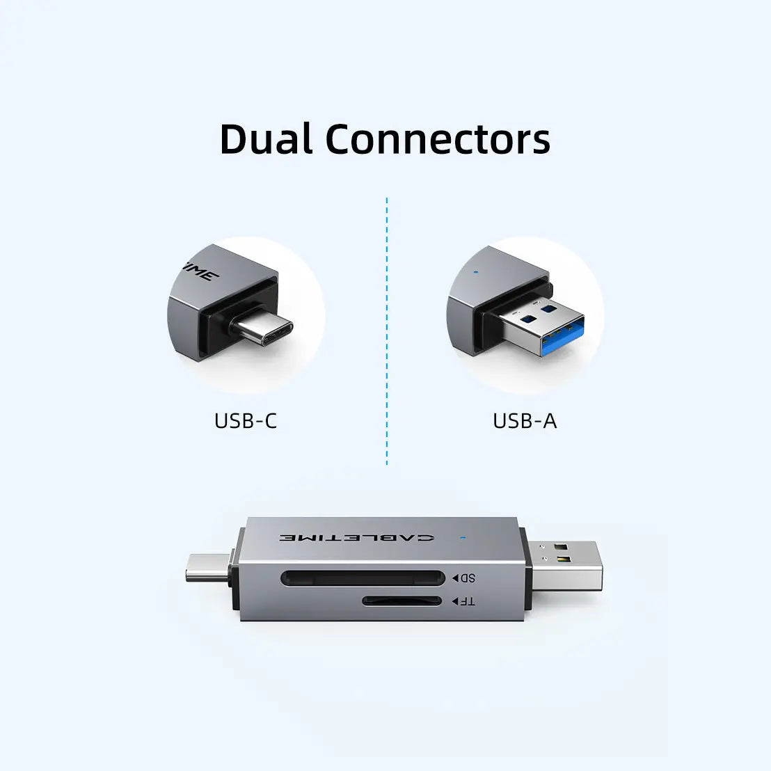 CABLETIME CD40G USB C and USB 3.0 to Micro SD Card Reader, Dual Port USB A and USB C, SD and TF3.0 104Mb/s, Aluminum and ABS