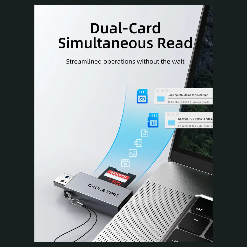 CABLETIME CD40G USB C and USB 3.0 to Micro SD Card Reader, Dual Port USB A and USB C, SD and TF3.0 104Mb/s, Aluminum and ABS