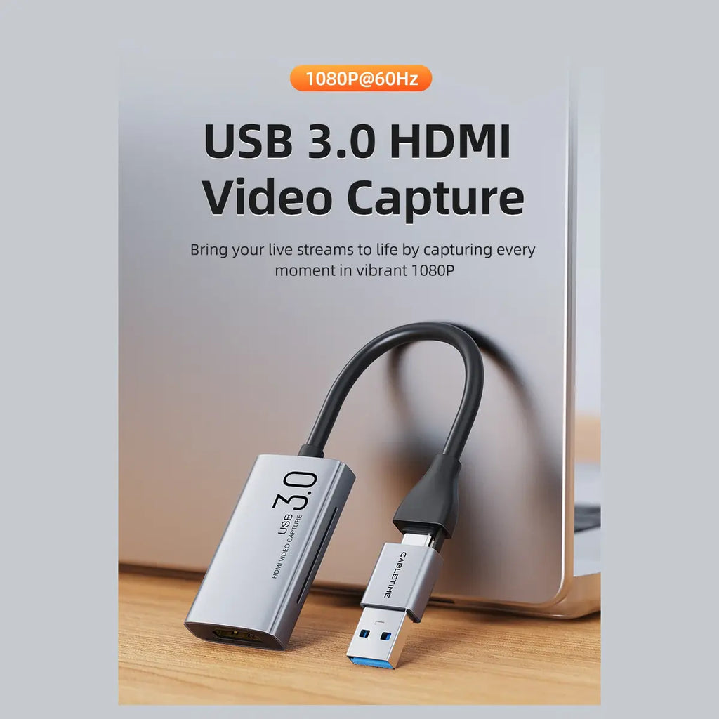 CABLETIME CB65G USB C and A to HDMI Video Capture Card, 4K30Hz Input, 1080P60Hz Output, USB 3.0, Up to 5Gbps, Aluminum Shell and PVC Jacket, CT-ACHC3-AG