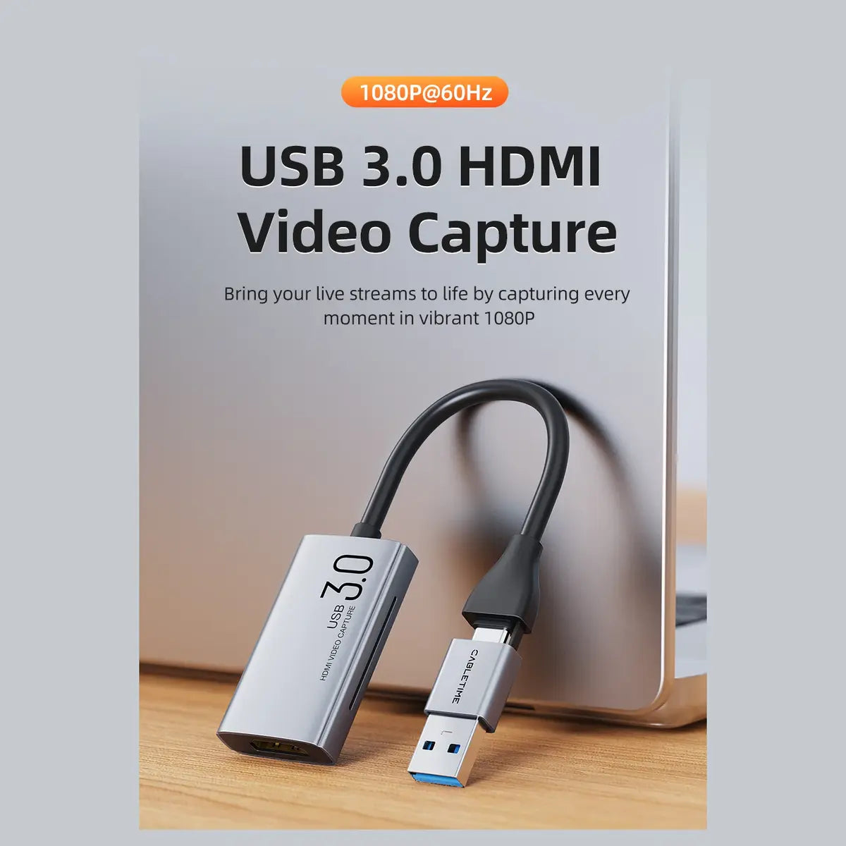 CABLETIME CB65G USB C and A to HDMI Video Capture Card, 4K30Hz Input, 1080P60Hz Output, USB 3.0, Up to 5Gbps, Aluminum Shell and PVC Jacket, CT-ACHC3-AG