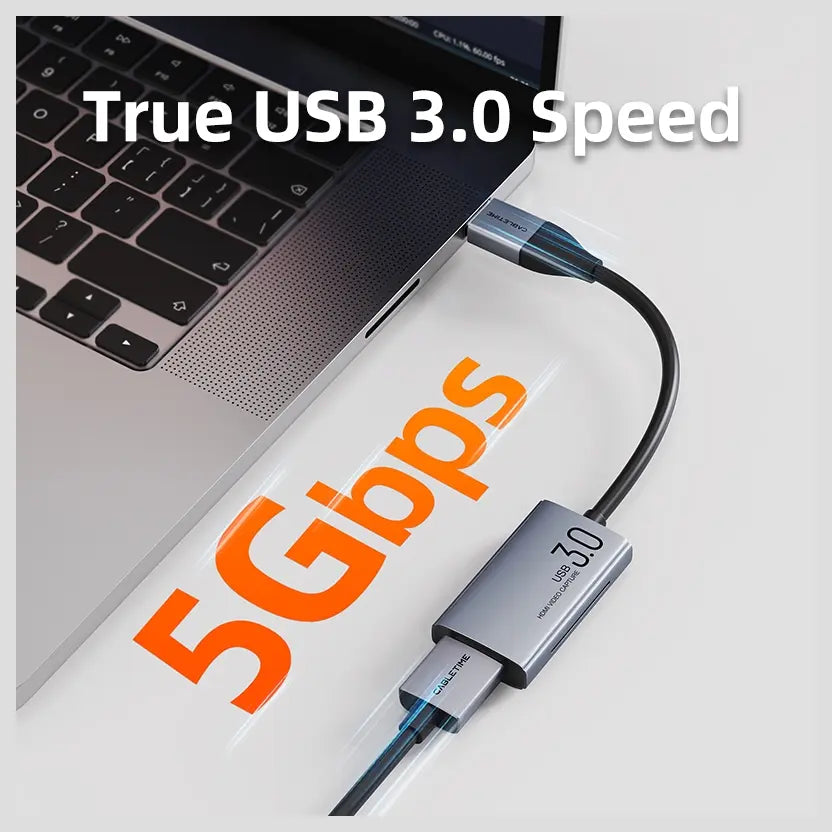 CABLETIME CB65G USB C and A to HDMI Video Capture Card, 4K30Hz Input, 1080P60Hz Output, USB 3.0, Up to 5Gbps, Aluminum Shell and PVC Jacket, CT-ACHC3-AG