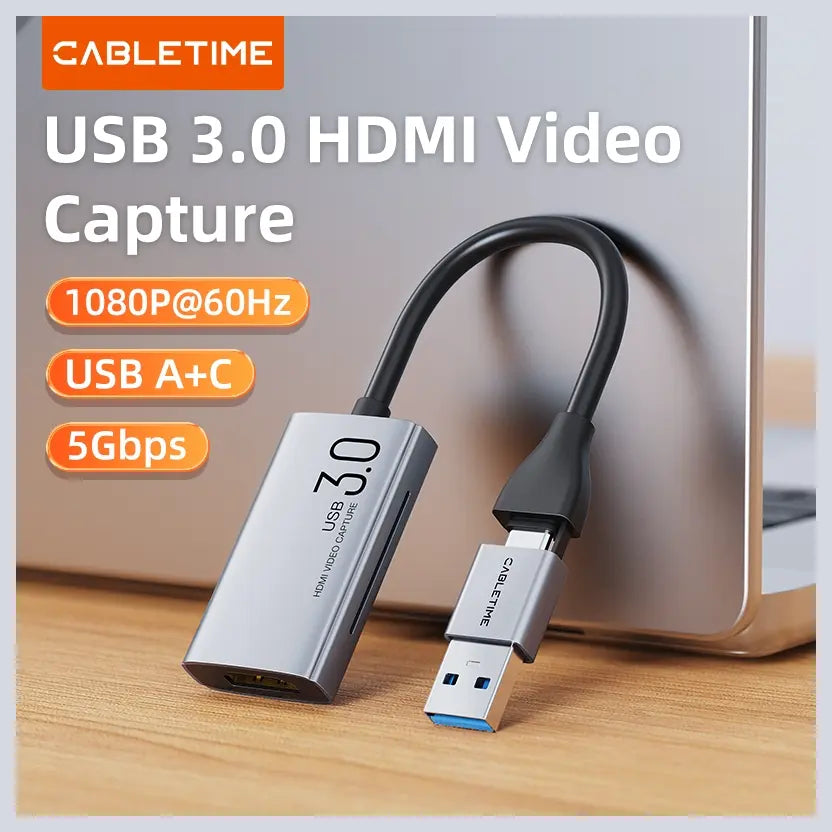 CABLETIME CB65G USB C and A to HDMI Video Capture Card, 4K30Hz Input, 1080P60Hz Output, USB 3.0, Up to 5Gbps, Aluminum Shell and PVC Jacket, CT-ACHC3-AG