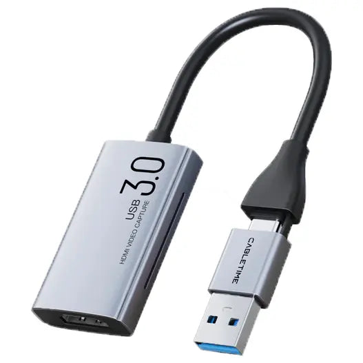 CABLETIME CB65G USB C and A to HDMI Video Capture Card, 4K30Hz Input, 1080P60Hz Output, USB 3.0, Up to 5Gbps, Aluminum Shell and PVC Jacket, CT-ACHC3-AG