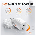 CABLETIME GA45W GaN 45W Ultra-Fast Dual Ports Wall Charger, USB-C PD 3.0 and PPS, Dual USB-C and USB-A, EU Plug, GA45W, CT-GAN45-PW