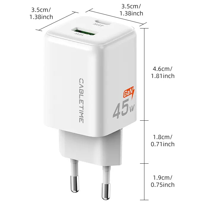 CABLETIME GA45W GaN 45W Ultra-Fast Dual Ports Wall Charger, USB-C PD 3.0 and PPS, Dual USB-C and USB-A, EU Plug, GA45W, CT-GAN45-PW