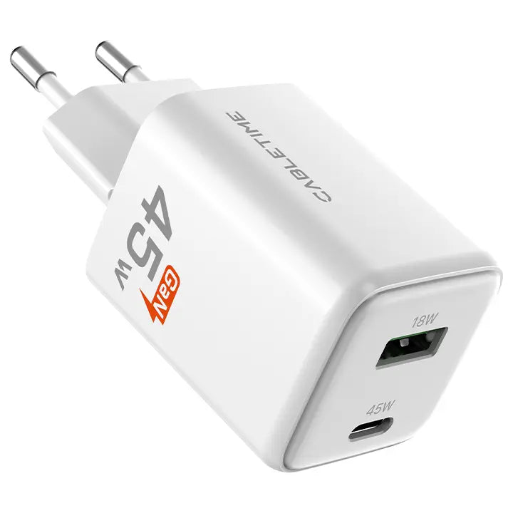 CABLETIME GA45W GaN 45W Ultra-Fast Dual Ports Wall Charger, USB-C PD 3.0 and PPS, Dual USB-C and USB-A, EU Plug, GA45W, CT-GAN45-PW