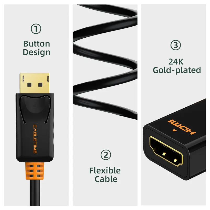 CABLETIME CP22B DisplayPort Male to HDMI Female Converter Adapter, 1080P 60Hz, 24K Gold-Plated Connectors