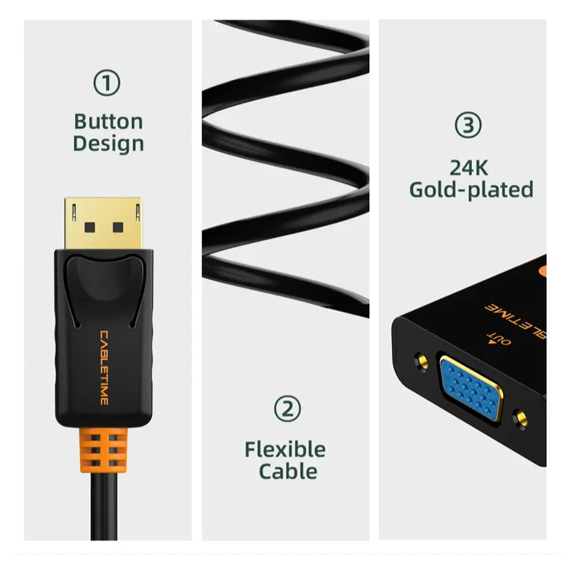 CABLETIME CP25B DisplayPort to VGA Video Converter Adapter, 1080P 60Hz, DP Male to VGA Female, ANX9832 Chipset
