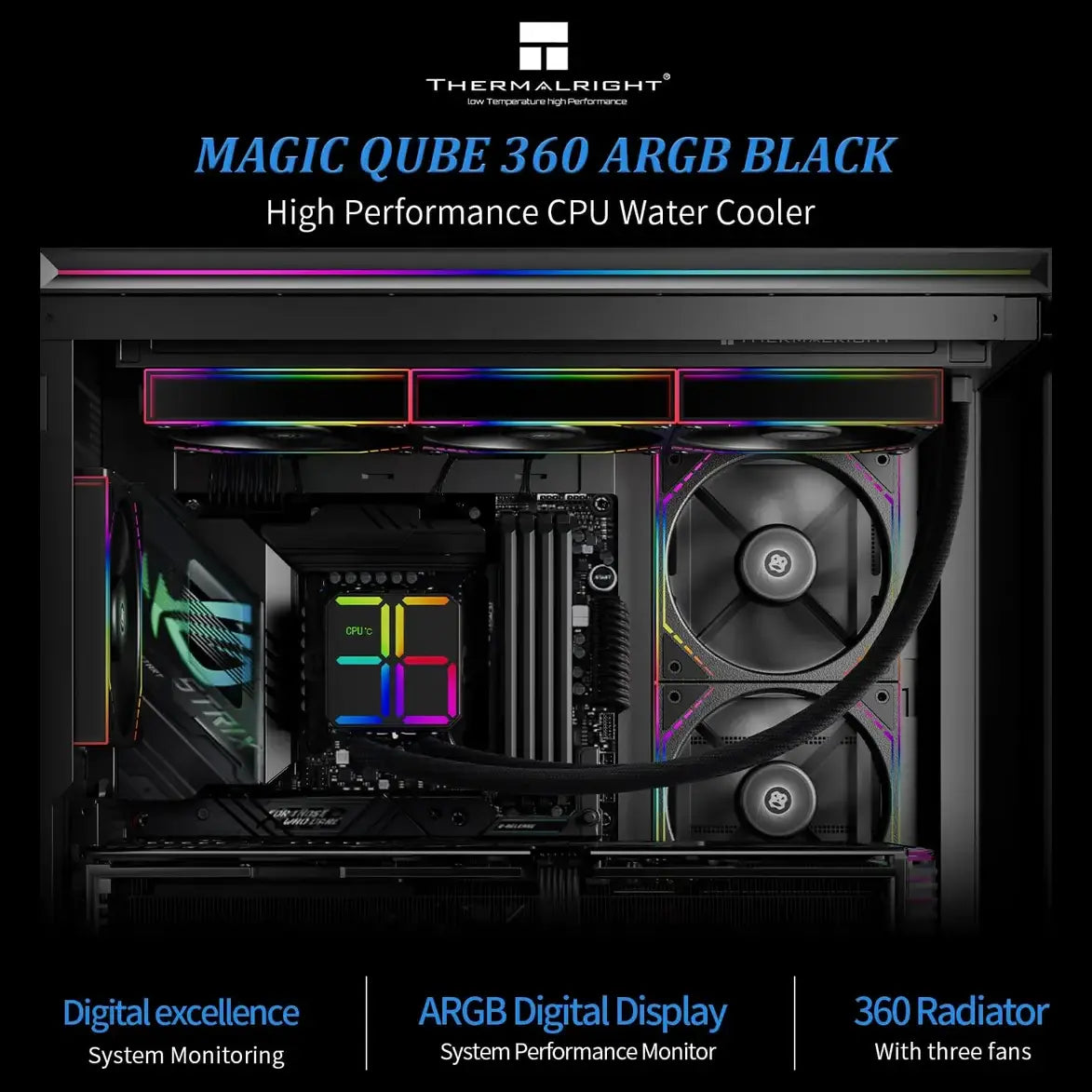 Thermalright Magic QUBE 360 ARGB Liquid CPU Cooler, 397x120x52mm Radiator, 2000RPM Fans, ARGB Digital Display Screen, 4-Pin PWM and 5V 3-Pin ARGB, Black