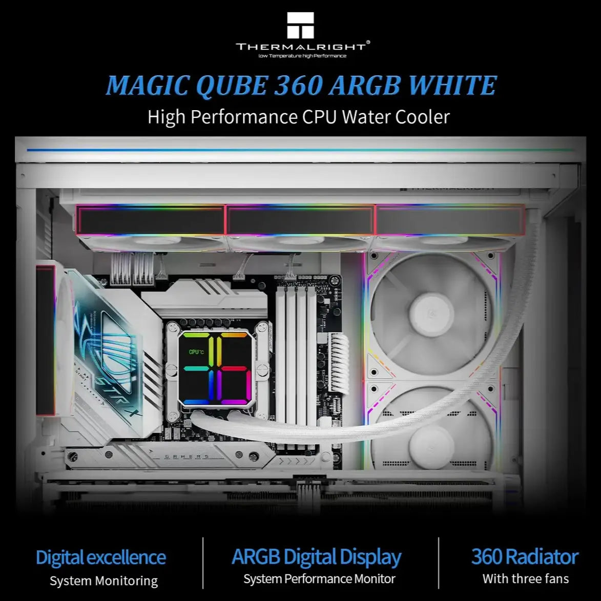 Thermalright Magic QUBE 360 ARGB Liquid CPU Cooler, 360mm Radiator 397x120x52mm, 2000RPM PWM Fans, ARGB Digital Screen, Wireless Splice 3 Fan, White
