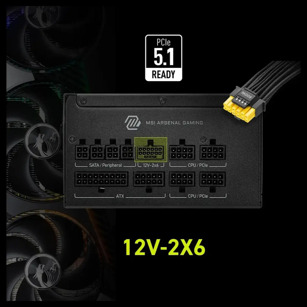 MSI MAG A1000GLS PCIE5 Fully Modular Compact Gaming 1000W Power Supply, 80 Plus Gold Up To 90% Efficiency, ATX 3.1 and PCIe 5.1 Ready, Native Dual-Color 12V-2x6 Cables, Low-Noise
