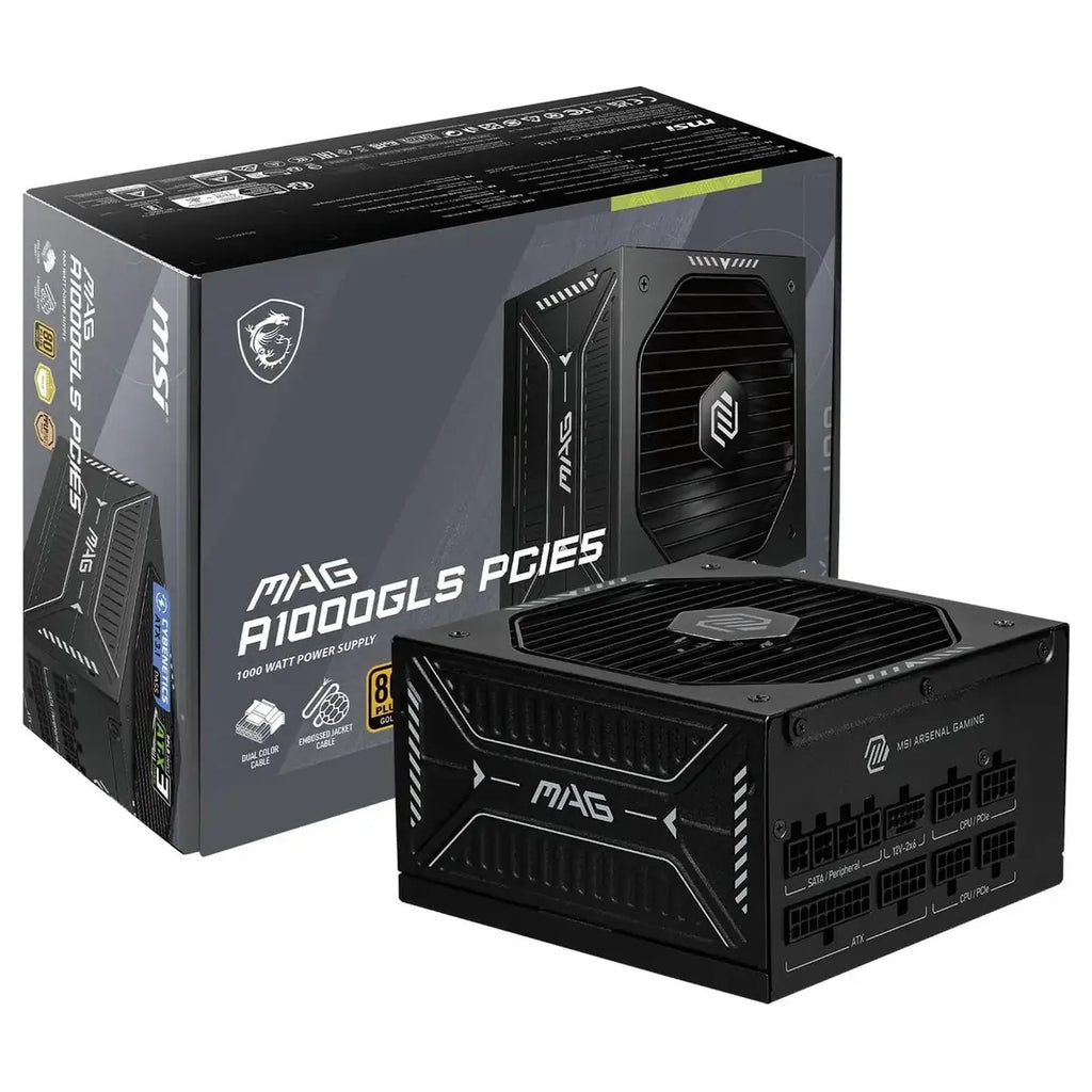 MSI MAG A1000GLS PCIE5 Fully Modular Compact Gaming 1000W Power Supply, 80 Plus Gold Up To 90% Efficiency, ATX 3.1 and PCIe 5.1 Ready, Native Dual-Color 12V-2x6 Cables, Low-Noise