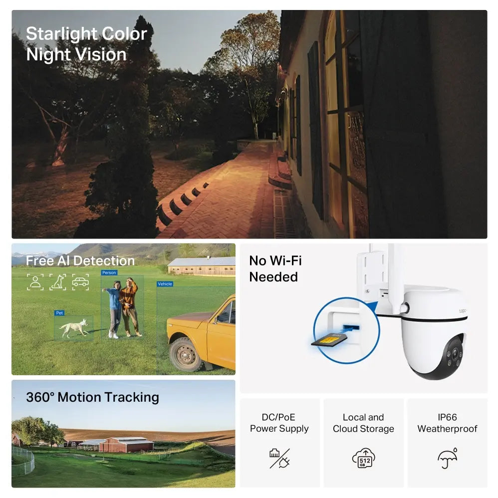 TP-Link Tapo C501GW Outdoor Pan and Tilt 4G LTE Camera, 1080P Full HD, Starlight Color Night Vision Up To 20m, 360 Degree Horizontal and 149 Degree Vertical, IP66 Weatherproof