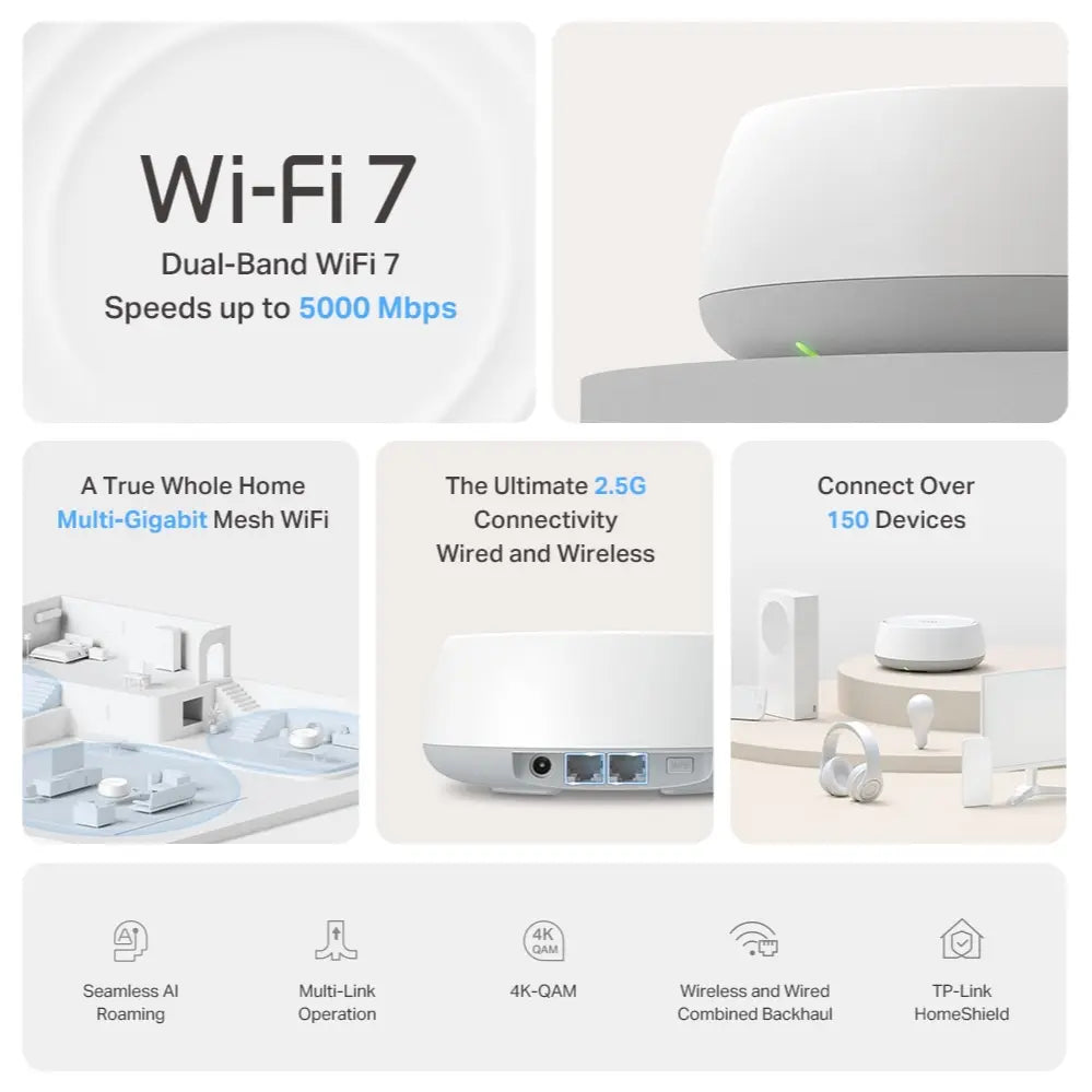TP-Link Deco BE25 BE5000 Whole Home Mesh WiFi 7 System, Dual-Band WiFi Up to 5Gbps 4324Mbps 5GHz Plus 688Mbps 2.4GHz, 2x 2.5Gbps Ports